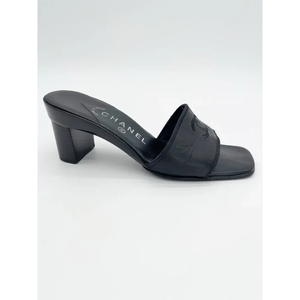 Chanel Vintage Black Leather CC Logo Classic Mule Heeled Sandals Square Toe US 6